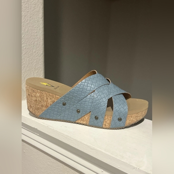 Blue Woven Cork Wedge Sandals - Picture 2 of 4